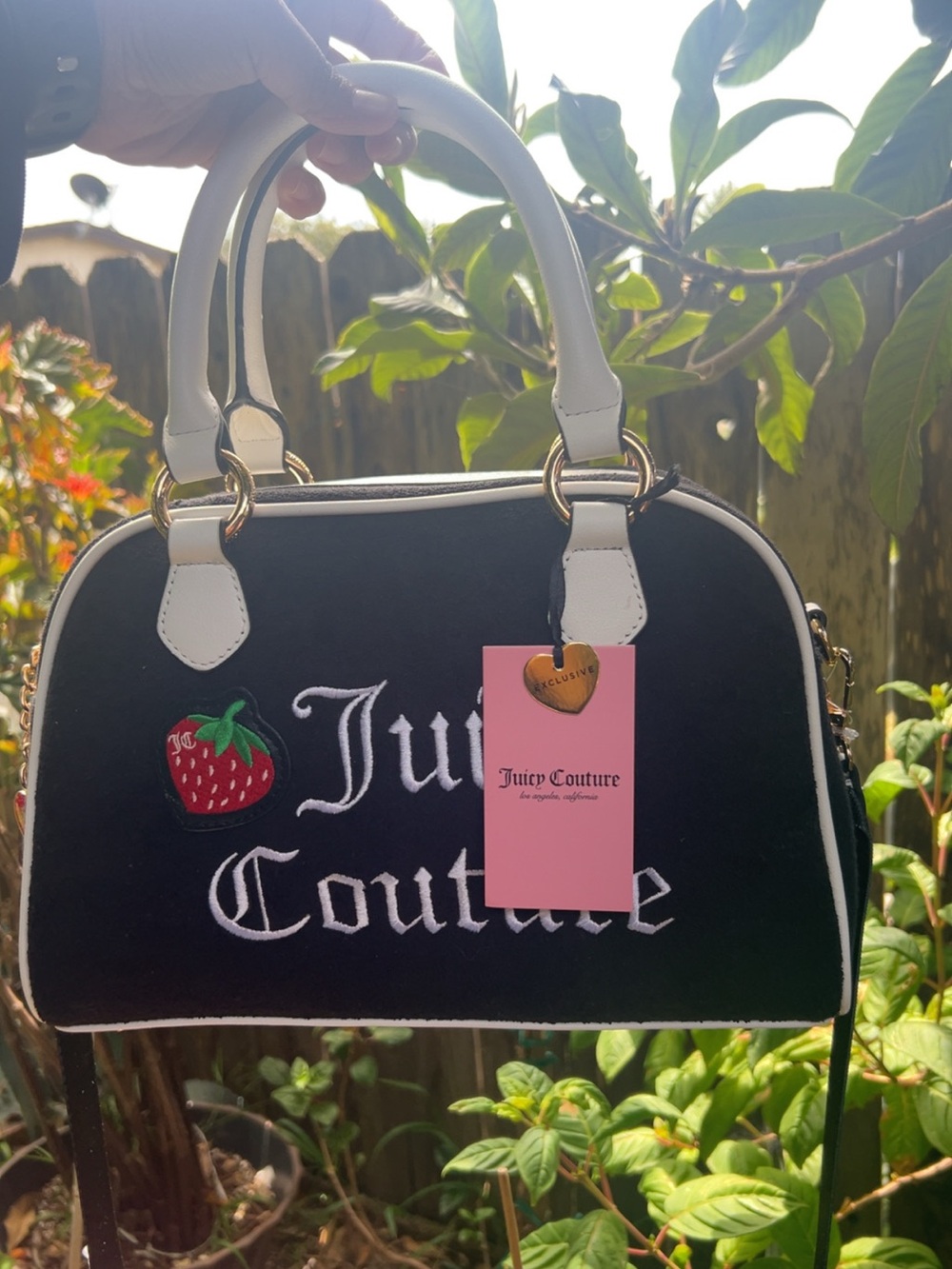 Juicy Couture Black Satchel with White Trim and Strawberry Patch